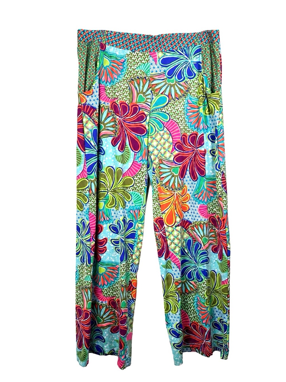 Trina Turk Multicolor Tropical Floral Wide-Leg Palazzo Zanzibar Resort Pants sun - Picture 2 of 6